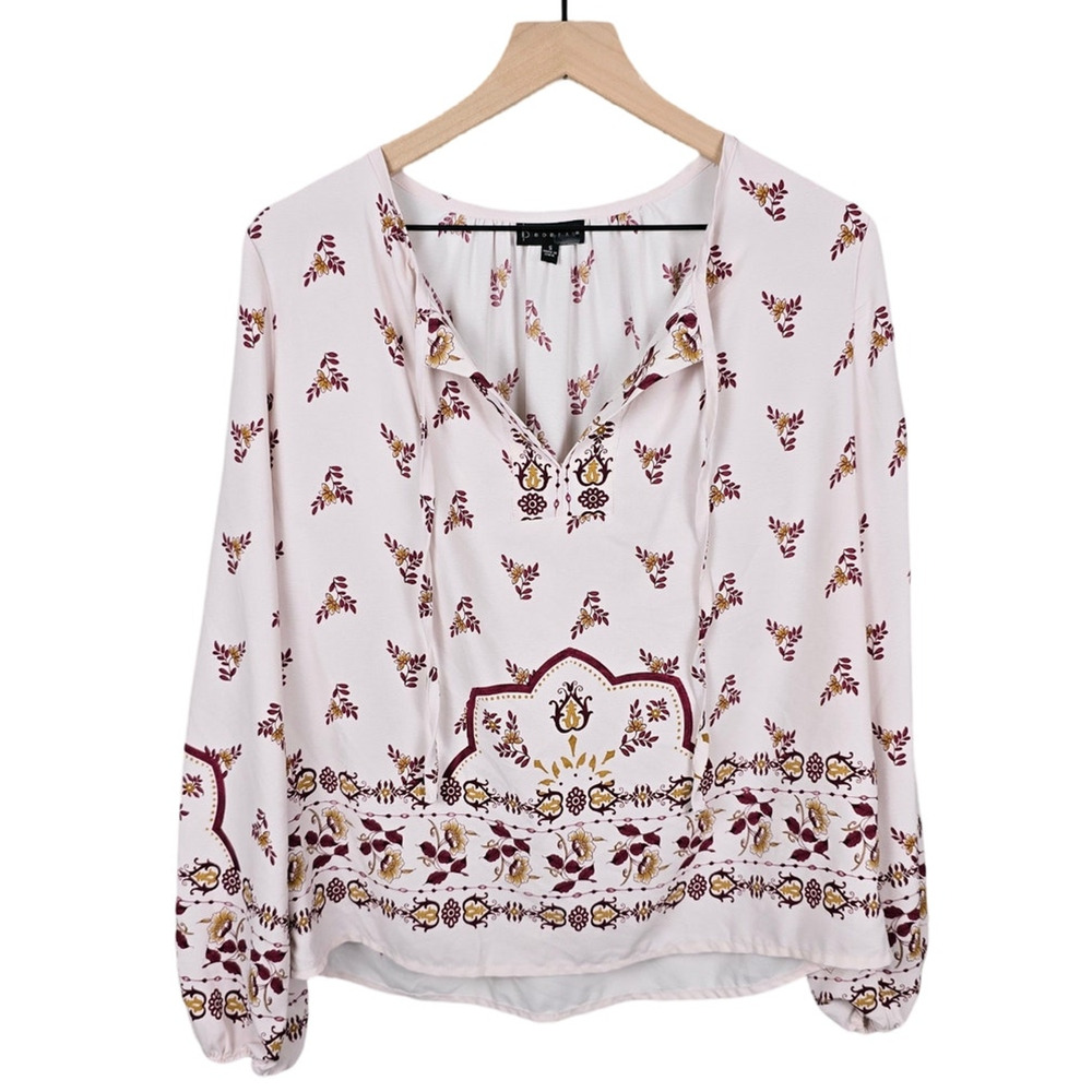 Bobeau Boho Peasant Blouse White Burgundy Floral Long Sleeve Size XS - Picture 2 of 4